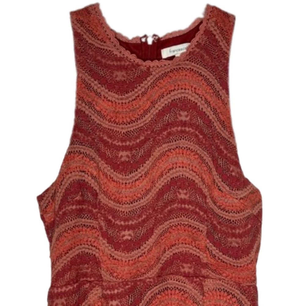 Francesca's Red/Orange Striped Floral Lace Lined Scalloped Hem Dress - L - Picture 2 of 8